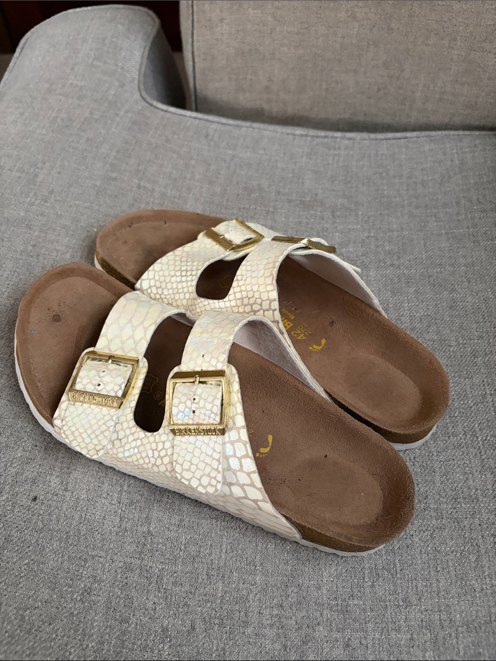 Birkenstock White Iridescent Snake-Print Double Buckle Slide Sandals
